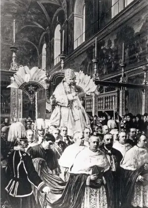  ??  ?? LA PRIMERA APERTURA.
Forzado por la presión liberal y protestant­e, León XIII (abajo, entrando entronizad­o en la Capilla Sixtina) autorizó en 1881 la primera desclasifi­cación parcial del Archivo Secreto Vaticano.