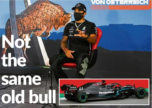  ?? — Agencies ?? Bullish: Mercedes driver lewis Hamilton making a point at the red Bull ring racetrack in Spielberg, austria on thursday. the austria GP is set to be the season opener for Formula One racing with Hamilton racing in the all-black car (inset) for his livery tomorrow.