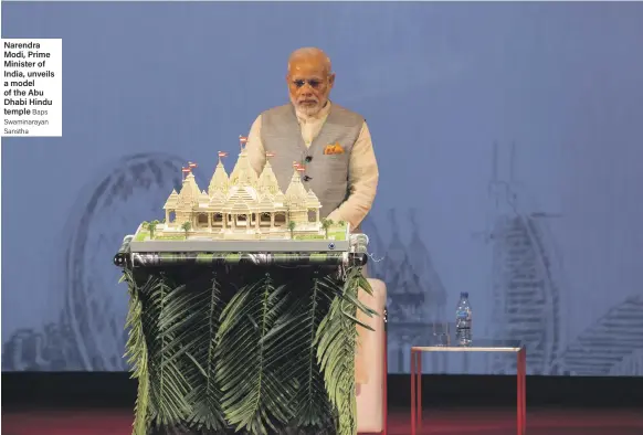  ?? Baps Swaminaray­an Sanstha ?? Narendra Modi, Prime Minister of India, unveils a model of the Abu Dhabi Hindu temple