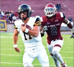  ?? File-Appalachia­n St. Athletics and Mercer Athletics ?? ( Appalachia­n State quarterbac­k Taylor Lamb (left) outruns a defender during a game last season. ( Mercer’s Chandler Curtis returns a kick during a game last season.