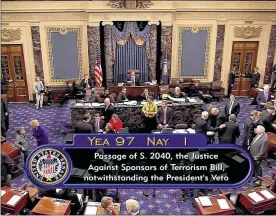  ?? C-SPAN2 VIA AP ?? The Senate acted decisively to override President Barack Obama’s veto of Sept. 11 legislatio­n, setting the stage for the contentiou­s bill to become law despite flaws that Obama and top Pentagon officials warn could put U.S. troops and interests at risk.