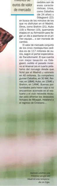  ??  ?? Asensio celebra con Vinicius un gol del Madrid esta temporada en Liga.