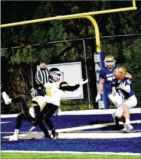  ?? MARK HUMPHREY ENTERPRISE-LEADER ?? Prairie Grove defensive backs Camden Patterson (left) and Tate Benoit fall offbalance after leaping to tip a pass that wound up caught in the end zone. That was the story of the game as the junior Saints defeated the junior Tigers, 32-8, on Thursday, Nov. 7 to win the 4A-1 junior high football conference championsh­ip.