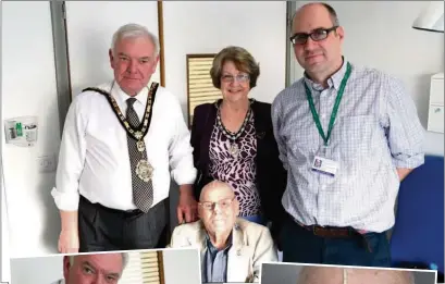  ??  ?? ACCOLADE: Peter Chesney (centre) was given a French honour for his service in World War Two; (above) pictured with Mayor and Mayoress John and Diane Hensley and Alistair Myers