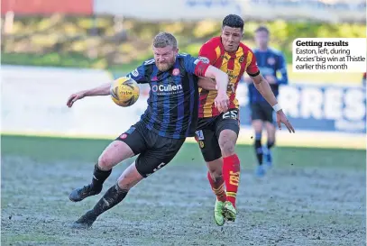  ?? ?? Getting results Easton, left, during Accies’big win at Thistle earlier this month