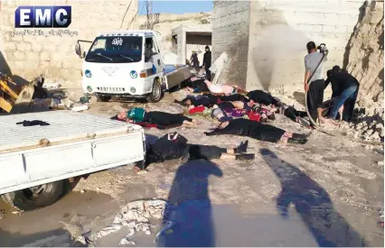  ?? EDLIB MEDIA CENTER VIA AP ?? CASUALTIES OF WAR. This photo provided Tuesday by the Syrian antigovern­ment activist group Edlib Media Center, which has been authentica­ted, shows victims of a suspected chemical attack, in the town of Khan Sheikhoun, northern Idlib province, Syria....