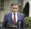  ?? EVAN VUCCI/ASSOCIATED PRESS ?? Speaker of the House Mike Johnson of La., speaks with reporters after a meeting in the Oval Office with President Joe Biden and Congressio­nal leaders on Tuesday in Washington.