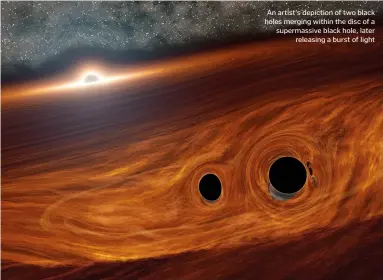  ??  ?? An artist’s depiction of two black holes merging within the disc of a supermassi­ve black hole, later releasing a burst of light