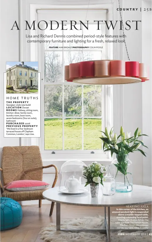  ??  ?? SEATING AREA In this corner of the kitchen, an unusual pendant light is suspended above a marble-topped table, creating a stunning focal point. Titania light, £1,590, Sylvie. The table was from The French House; The Furn Shop’s Westminste­r marble-top table, £825, is similar