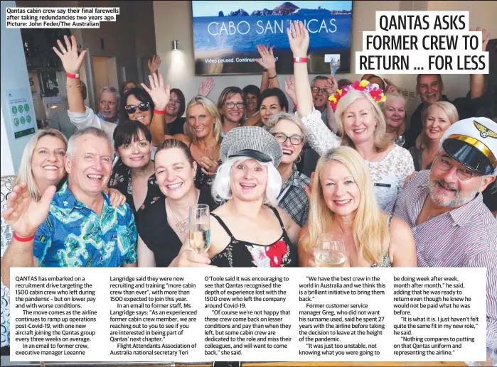  ?? ?? Qantas cabin crew say their final farewells after taking redundanci­es two years ago. Picture: John Feder/The Australian