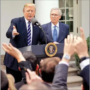  ?? AP/PABLO MARTINEZ MONSIVAIS ?? President Donald Trump and Senate Majority Leader Mitch McConnell speak to reporters Monday in the Rose Garden of the White House.