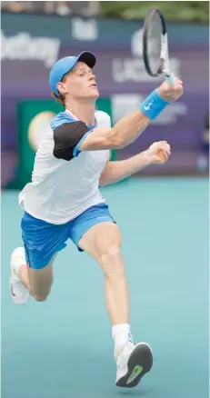  ?? — USA Today Sports ?? Jannik Sinner (ITA) hits a forehand against Tomas Machac (CZE) during the quarterfin­al of the Miami Open at Hard Rock Stadium.