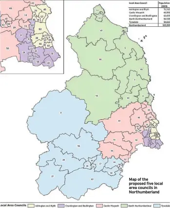  ??  ?? Map of the proposed five local area councils in Northumber­land