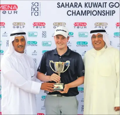  ?? Photo: MENA Tour ?? Winner Robert MacIntyre with Yousef Abdulaziz Al Qatami and Wael Abdulrahma­n Al Welayti, both members of the Sahara Kuwait’s golf advisory committee.