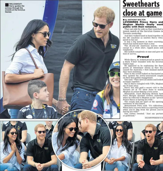  ??  ?? ®Ê WALKABOUT: Harry guides the actress through the crowds at the Invictus Games HAPPY COUPLE: Meghan applauds as Harry smiles CLOSE: Prince whispers CHEERS: The couple get excited at the tennis action