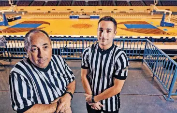  ?? [PHOTO BY CHRIS LANDSBERGE­R, THE OKLAHOMAN] ?? Father and son basketball referee duo Paul and Sutton Simon, from left, will make their state basketball tournament debuts at The Big House this weekend.