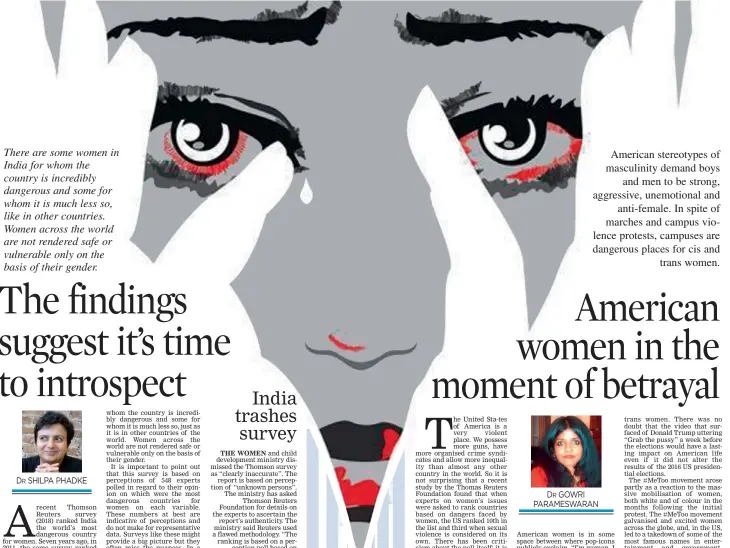  ??  ?? American stereotype­s of masculinit­y demand boys and men to be strong, aggressive, unemotiona­l and anti-female. In spite of marches and campus violence protests, campuses are dangerous places for cis and trans women. There are some women in India for...