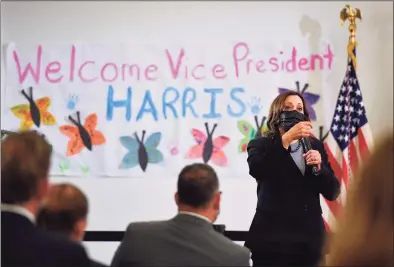  ?? Mandel Ngan / AFP via Getty Images ?? Vice President Kamala Harris speaks during a visit to the West Haven Child Developmen­t Center in West Haven on Friday.
