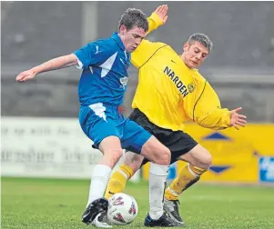  ??  ?? Where it all began: Paul Coutts on the ball for Cove Rangers against Nairn County back in 2008 while, below, the midfielder shows off his Highland League player of the year award from the 2007-08 season alongside Cove boss John Sheran, who picked up the manager of the year prize for the same campaign