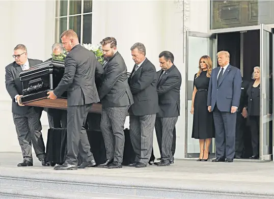  ??  ?? Above: Donald and Melania Trump follow the casket of the president’s brother Robert Trump out of the White House after his funeral service. Left: Joe Biden, the Democratic presidenti­al candidate, speaks at the Democratic National Convention in Wilmington, Delaware