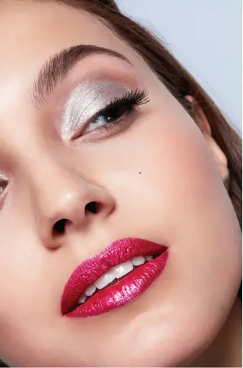  ??  ?? Model wears art deco liquid glitter eyeshadow moonstone, £17.90, from Beauty Bay