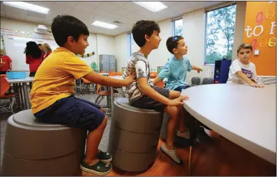  ?? Arkansas Democrat-Gazette/THOMAS METTHE ?? Students George Pitliangas (from left) and his brother, Stephanos, check out a classroom with Jax Strain and his brother, Colt, at the new Bobby G. Lester Elementary School in Jacksonvil­le on Wednesday.