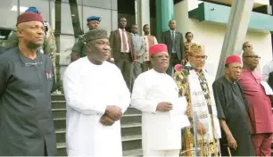  ??  ?? From left: Deputy Governor of Anambra State Nkem Okeke; Enugu State Governor, Ifeanyi Ugwuanyi; Ebonyi State Governor/Chairman, South-East Governors’ Forum, Dave Umahi; Leader, Indigenous People of Biafra (IPOB), Nnamdi Kanu; Prof. Ben Nwabueze; and...