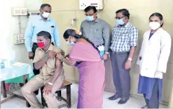  ??  ?? Transport department secretary C Samayamoor­thy inspecting a vaccinatio­n camp at Pallavan House on Wednesday