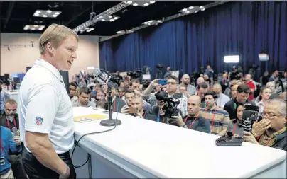  ?? AP PHOTO/DARRON CUMMINGS ?? Oakland Raiders head coach Jon Gruden speaks during a press conference at the NFL Combine, Wednesday, in Indianapol­is