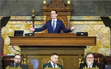  ?? DAN GLEITER - VIA THE ASSOCIATED PRESS ?? Pennsylvan­ia Gov. Josh Shapiro delivers his first budget address to a joint session of the state Legislatur­e on Tuesday.