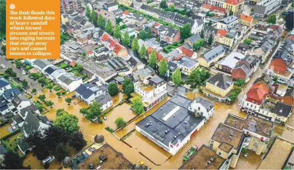  ??  ?? ■ Above: An aerial view shows the flooded streets of Valkenburg, the Netherland­s on Thursday.
■ Far left: An aerial view after flooding at ErftstadtB­lessem, Germany, yesterday.
■ Left: People use rubber rafts in floodwater­s after the Meuse River broke its banks during heavy flooding in Liege, Belgium. Reuters/AP