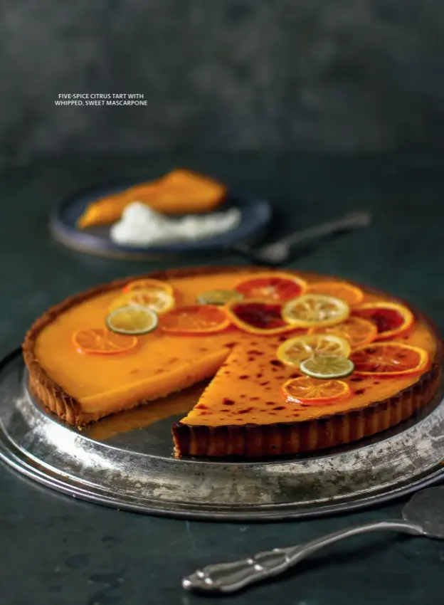  ??  ?? FIVE-SPICE CITRUS TART WITH WHIPPED, SWEET MASCARPONE