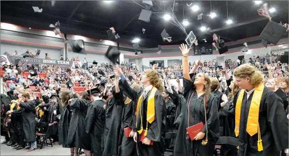  ?? Annette Beard/Pea Ridge TIMES ?? Throwing their caps into the air, graduates of Pea Ridge High School express elation after the graduation exercises Saturday, May 13, in the arena of Pea Ridge High School. For more photograph­s, go to the PRT gallery at https://tnebc.nwaonline.com/photos/.