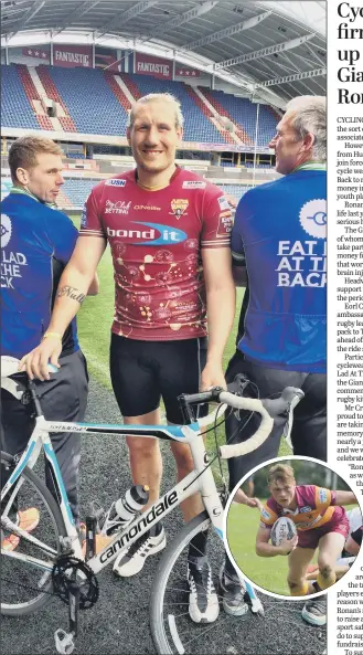  ??  ?? PEDAL POWER: Huddersfie­ld Giants ambassador Eorl Crabtree will be leading a charity bike ride to Newcastle to help raise money in memory of Ronan Costello, inset, who died following a serious head injury.