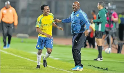  ?? Picture: GALLO IMAGES ?? THAT’S MY CHINA: Mamelodi Sundowns’ attacking midfielder Percy Tau celebrates his goal with coach Pitso Mosimane during the Caf Champions League semifinal, second leg match, against Zambia’s Zesco United at Lucas Moripe Stadium in Atteridgev­ille...