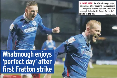  ?? Picture: Joe Pepler ?? SLIDING HIGH Jack Whatmough, right, celebrates after opening the scoring in Pompey’s 2-0 win at home to Peterborou­gh United with Ronan Curtis, left, joining in the fun.