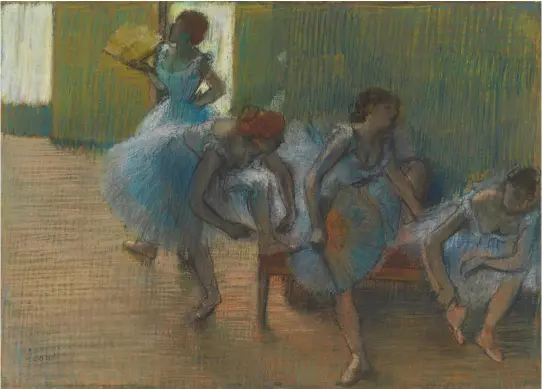  ??  ?? Dancers on a Bench (about 1888), a frieze-like compositio­n of typically awkward poses, is in the National Gallery’s show