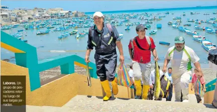  ?? JOFFRE LINO / EXPRESO ?? Labores. Un grupo de pescadores retorna luego de sus largas jornadas.