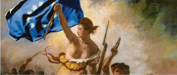  ?? Illustrati­on: cim; Foto: akg ?? Bei Delacroix im Original-Gemälde (1830) führte die Freiheit die Französisc­he Revolution auf die Barrikaden – in der Zukunft kann vielleicht nur Europa für Frieden und Freiheit einstehen.