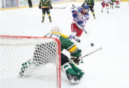  ?? CITIZEN PHOTO BY JAMES DOYLE ?? Prince George Spruce Kings forward Ben Brar breaks in alone and fires a shot on Powell River Kings goaltender Matteo Paler-Chow on Thursday night at Rolling Mix Concrete Arena.