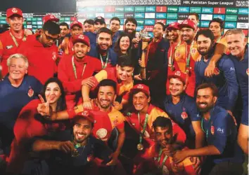  ?? AP ?? Islamabad United players after winning the third edition of the Pakistan Super League in Karachi, Pakistan last year. Matches in the UAE will be held from February 14-March 5.