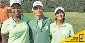  ?? GOLFRSA ?? SA GOLF team manager Zethu Myeki with Cole Stevens and Kaiyuree Moodley at the 2018 Youth Olympics in Buenos Aires, Argentina. |