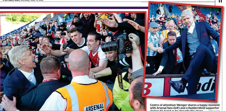  ?? GETTY IMAGES ?? Centre of attention: Wenger shares a happy moment with Arsenal fans (left) and a Huddersfie­ld supporter shakes his hand as he departs the stage