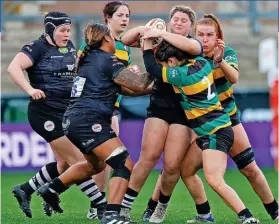  ?? GETTY IMAGES ?? DERBY MATCH: Tigers’ Elis Martin is tackled during the Allianz Premiershi­p Women’s Rugby match against Loughborou­gh Lightning