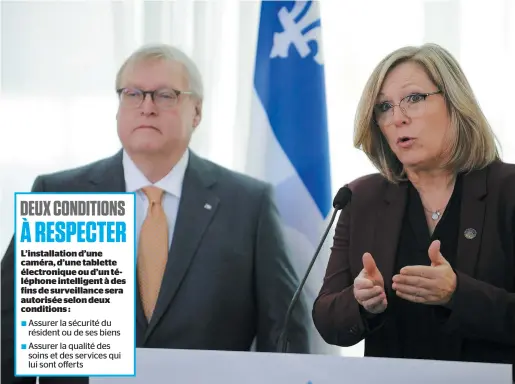  ?? PHOTO LE JOURNAL DE QUÉBEC, STEVENS LEBLANC ?? Le ministre de la Santé, Gaétan Barrette, et la ministre responsabl­e des Aînés, Francine Charbonnea­u, ont annoncé hier que des mécanismes de surveillan­ce pourront être installés dans les chambres des résidents de CHSLD.