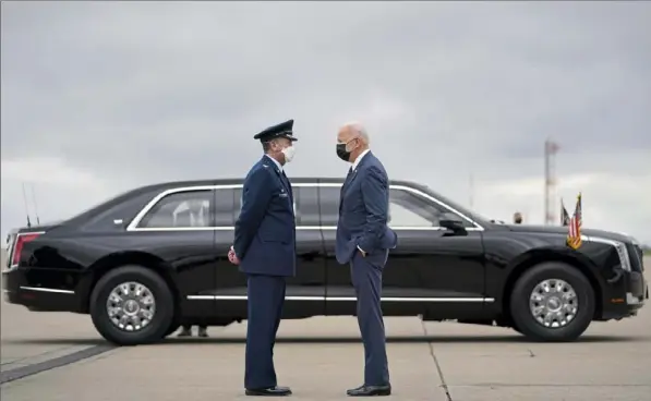  ?? Evan Vucci/Associated Press ?? President Joe Biden arrives at Pittsburgh Internatio­nal Airport ahead of a speech on infrastruc­ture spending Wednesday in Pittsburgh.