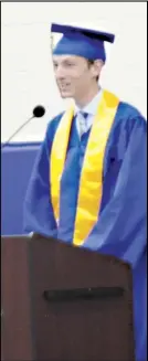  ?? ?? Waynesfiel­d Goshen graduates tossed their yellow and blue caps in the air Saturday during the graduation celebratio­n that also featured remarks
from Salutatori­a Savannah Spain, at far right, and Alec Spangler, who was one of four valedictor­ians.