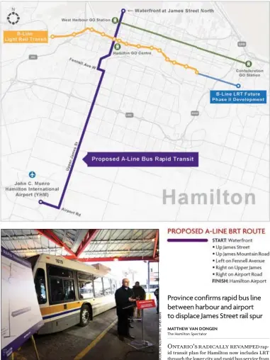  ??  ?? Transporta­tion Minister Steven Del Duca announces a 16-kilometre bus rapid transit line during a press conference at the Hunter Street GO Station Thursday.