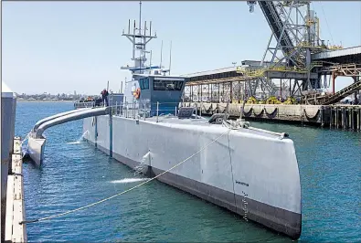  ?? AP/JULIE WATSON ?? The Sea Hunter, seen at a maritime terminal in San Diego in this file photo, is an unmanned surface vessel being tested by the Pentagon to travel thousands of miles out at sea without a single crew member on board.