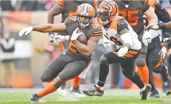  ?? JASON MILLER/GETTY IMAGES ?? Cleveland Browns running back Nick Chubb has rushed for 1,281 yards, averaging 5.1 yards per carry, to lead the NFL with three games remaining on the schedule.